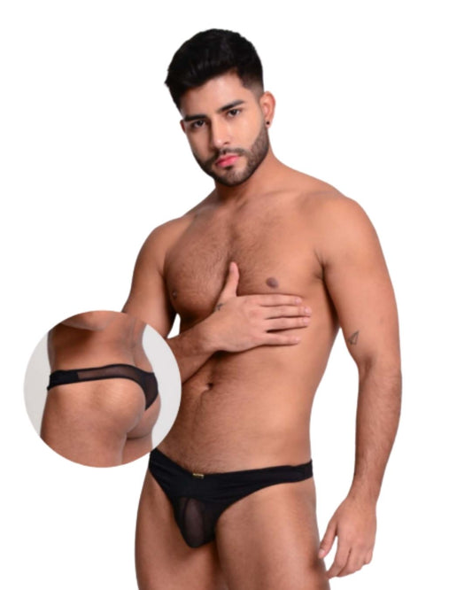 Tanga Jon con Detalles en Malla - Negro